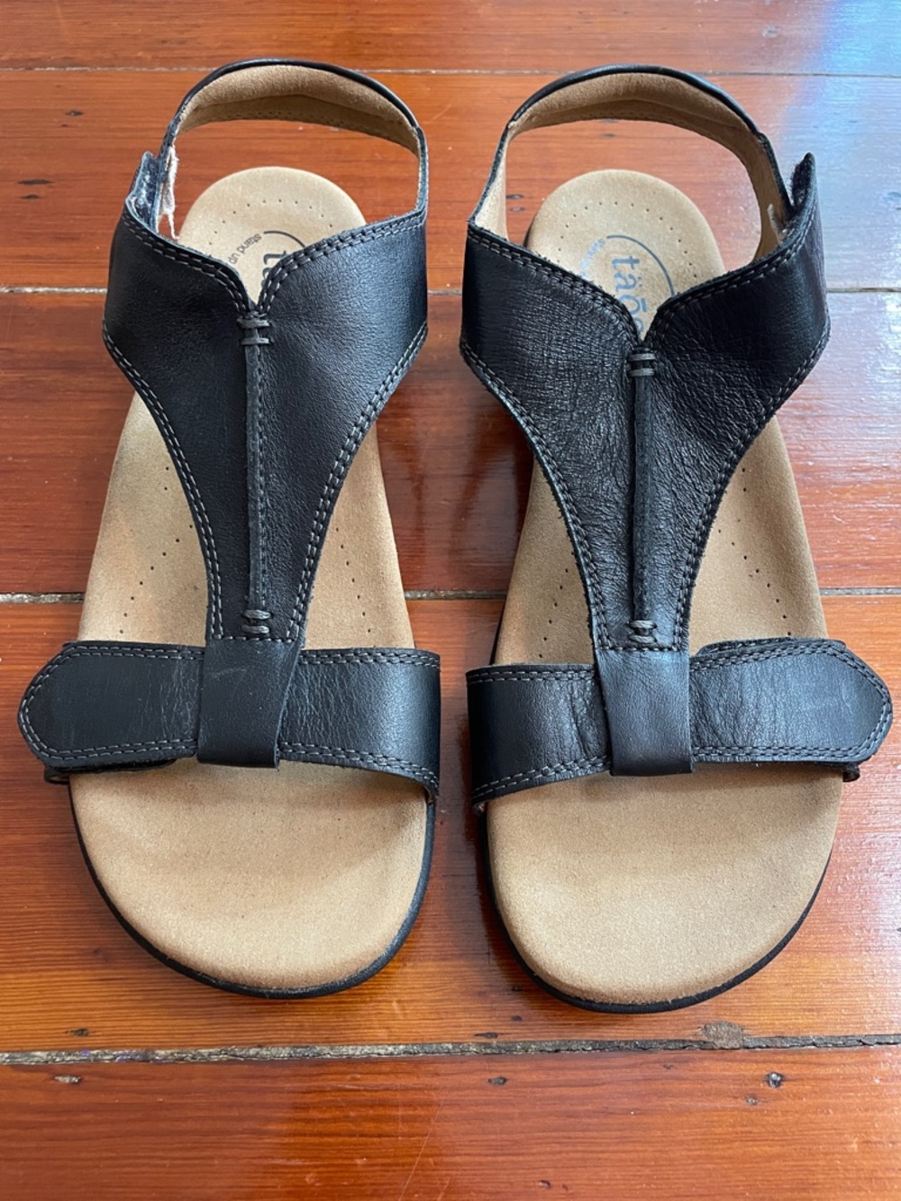 Taos The Show Sandals Black Leather Low T Strap Arch Support Women’s 10 🧡🎀 - Picture 4 of 9